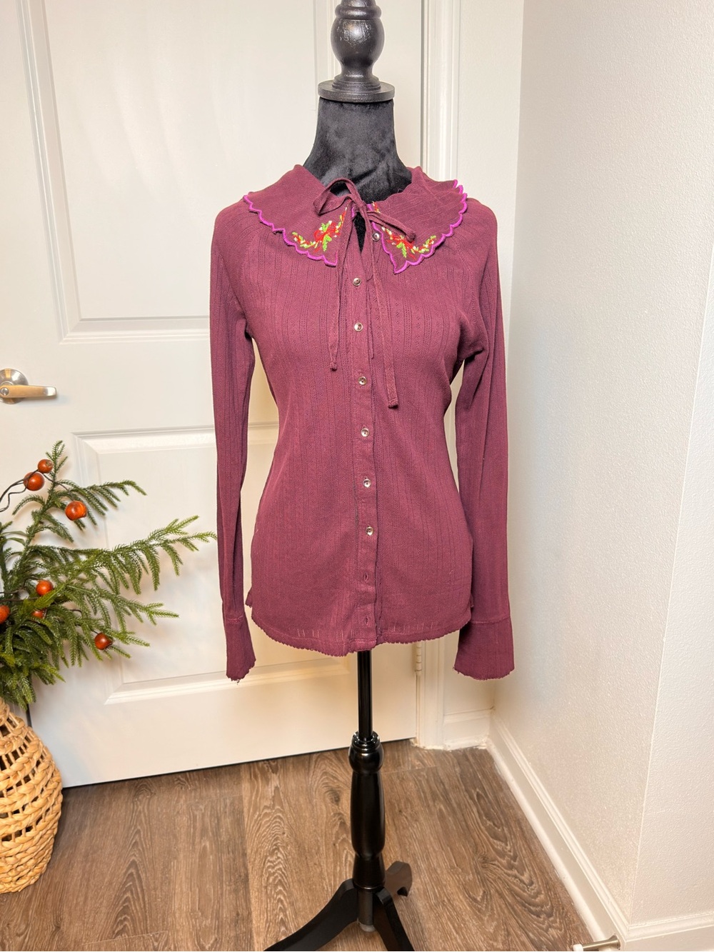 Free People Plum Button-Down Top with Embroidered Collar / BNWT
